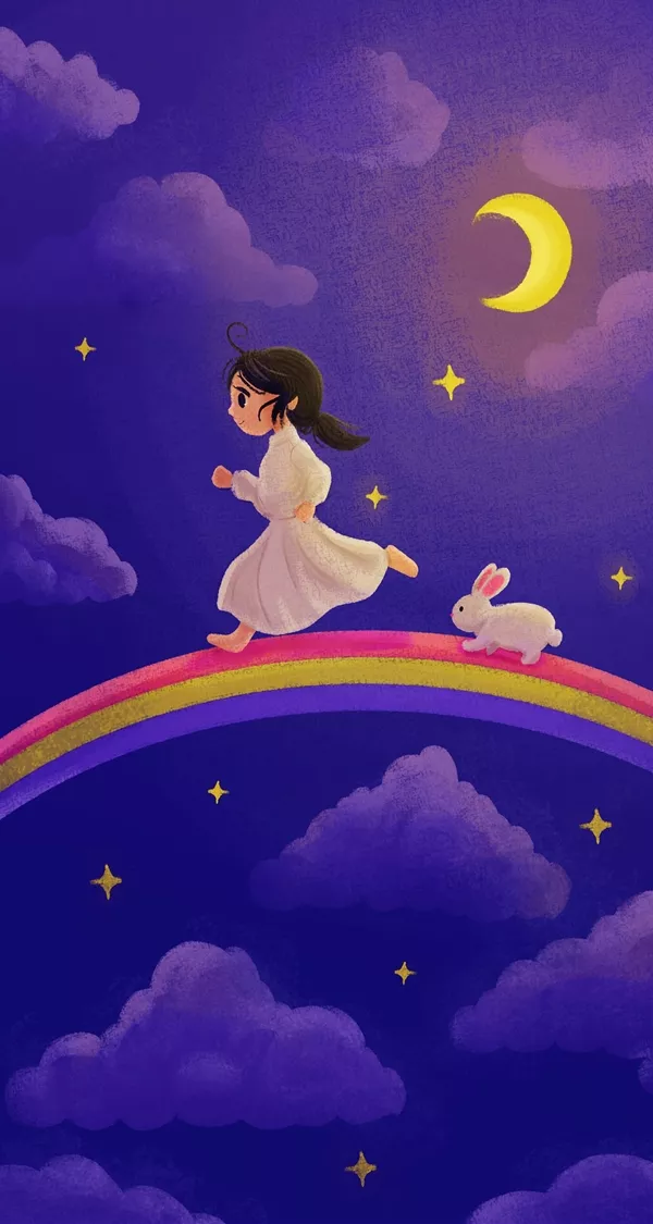 幅治愈系梦幻插画小女孩和兔子