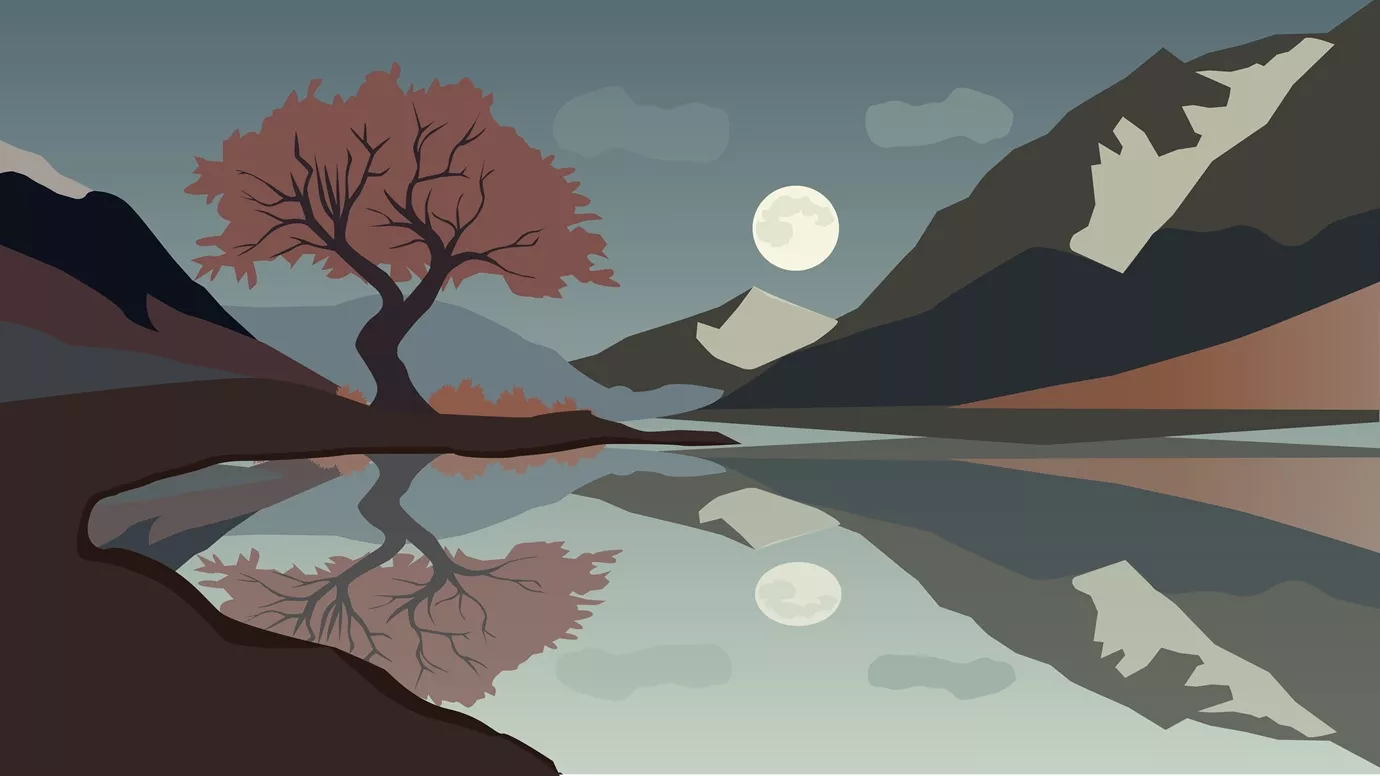 扁平化风格的山湖夜景矢量插画8K电脑壁纸