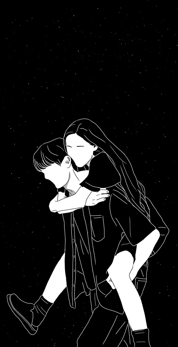 黑白线条风的情侣男生背着女生插画3K手机壁纸
