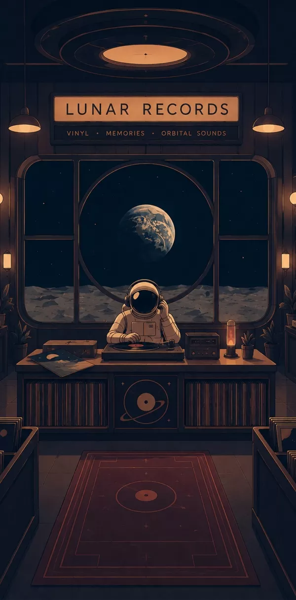 月球上的“LUNAR RECORDS”唱片店内4K手机壁纸