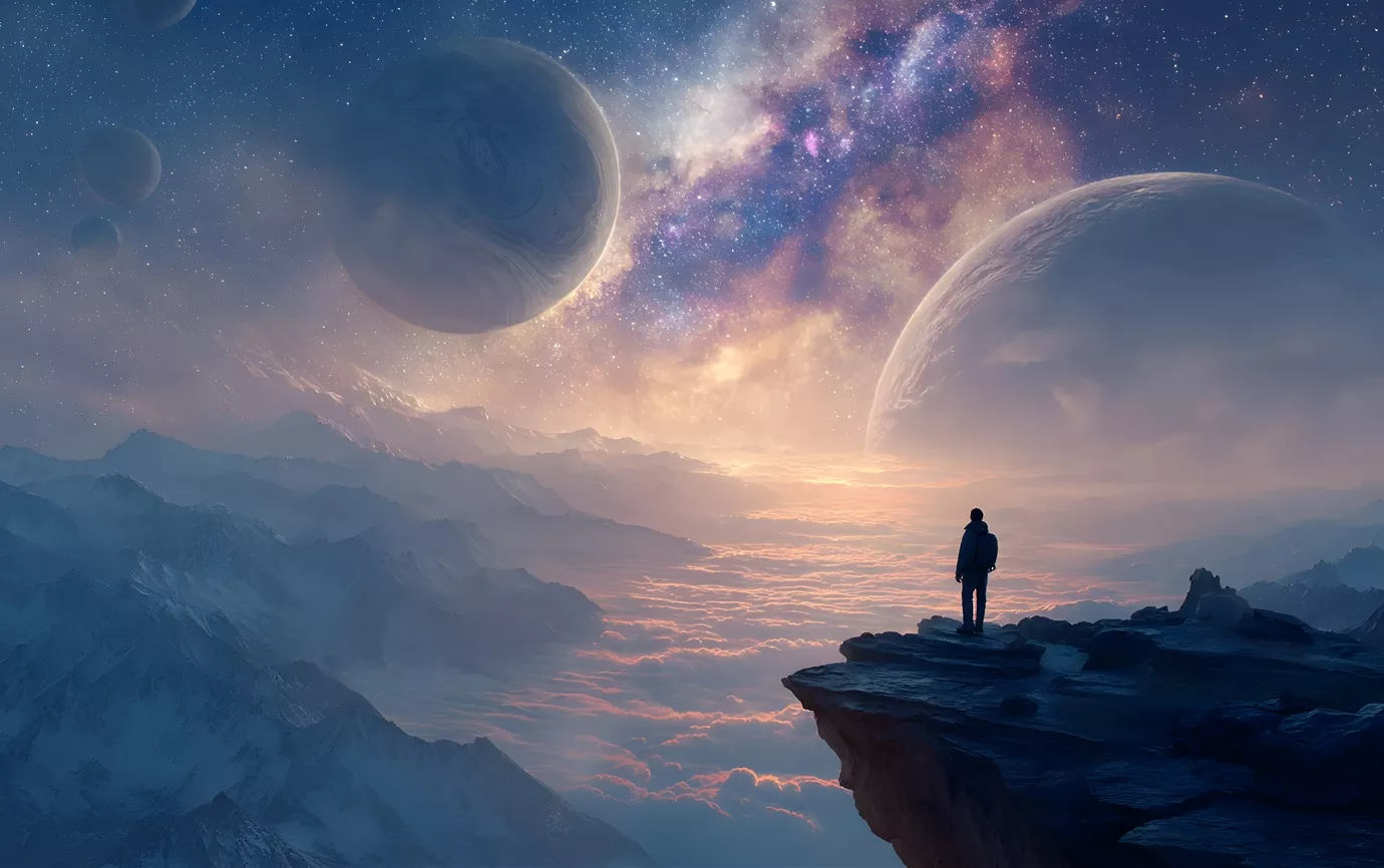 外星球一人独自伫立在云海之上的悬崖边5K电脑壁纸