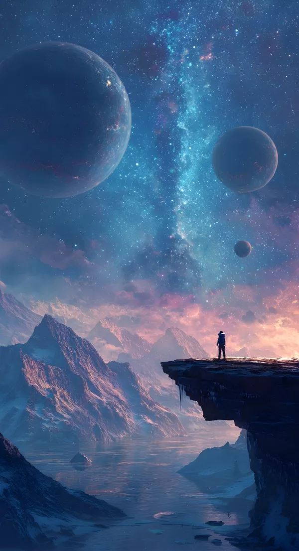外星球身着宇航服的人站在异星悬崖边5K手机壁纸