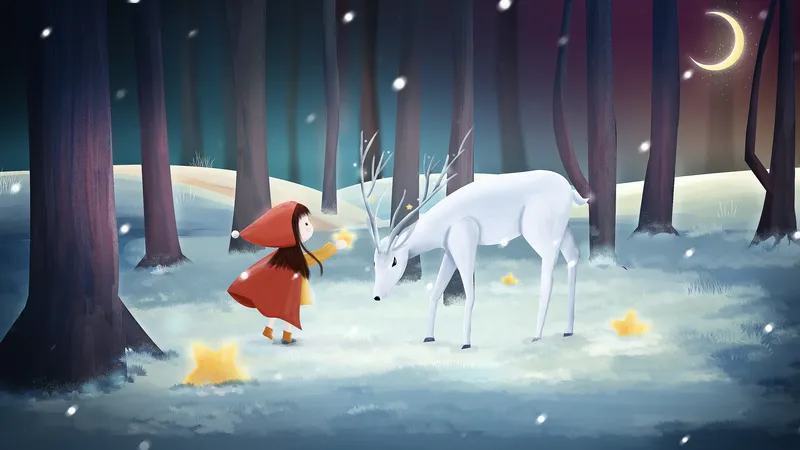 圣诞节的雪夜小女孩与鹿