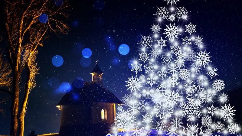 圣诞节的夜晚彩灯和小木屋