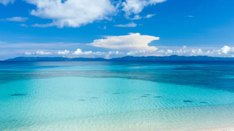 蓝色的海滩和对岸的山丘