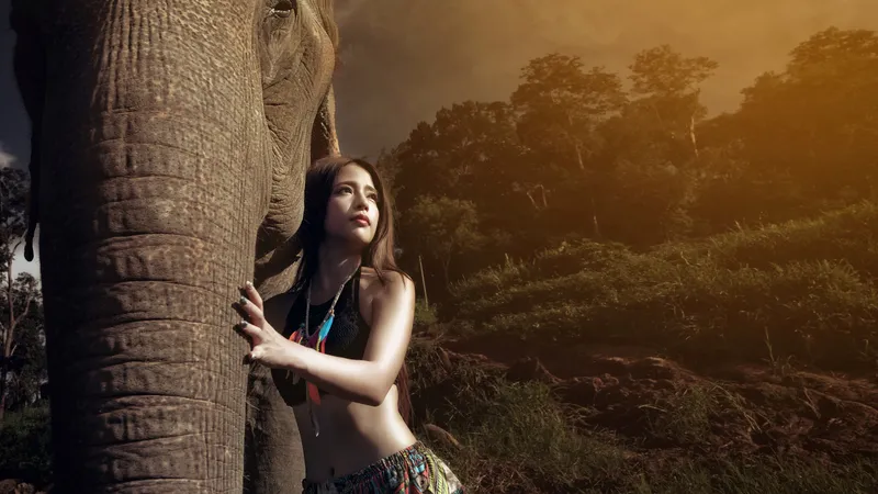 外国美女与大象