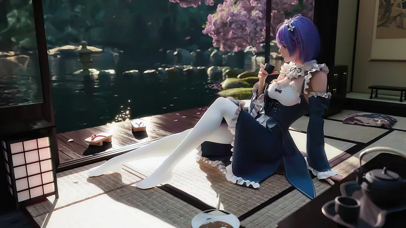 卡通美女在河边喝茶