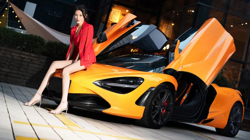 跑车美女车模坐在车头