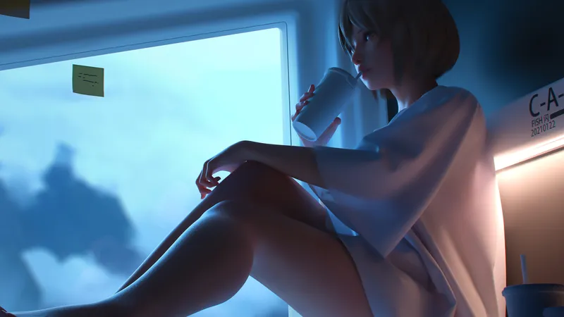 在喝奶茶的动漫短发美腿美女 