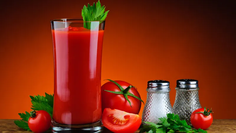 透明玻璃杯子里的番茄汁