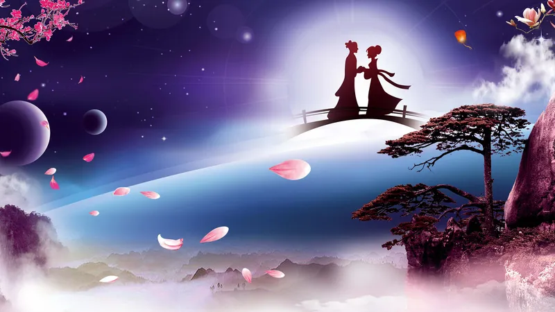 卡通浪漫唯美七夕鹊桥相会迎客松