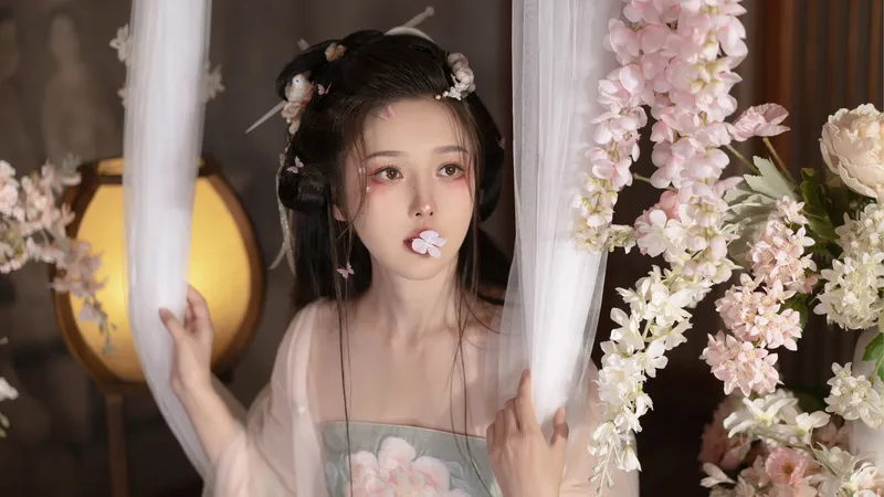 穿汉服美女嘴含花唯美好看古风美女