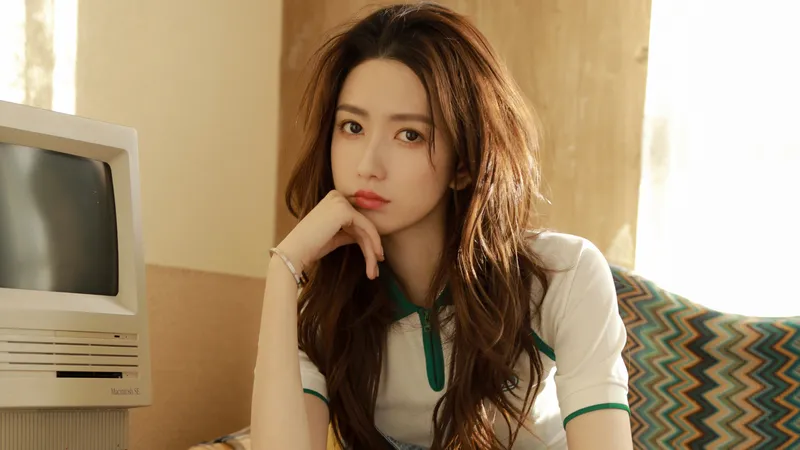 王秋紫休息装坐在电脑前