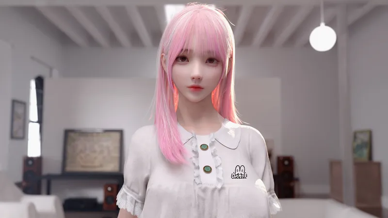 粉色头发的卡通女孩在房间