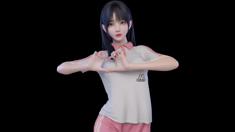 黑色头发的卡通女孩用手比划爱心