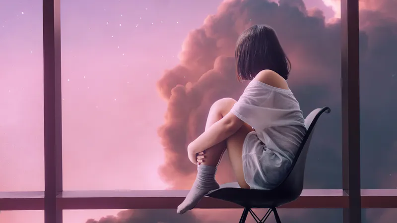 卡通短发女孩坐在窗户边望着外面