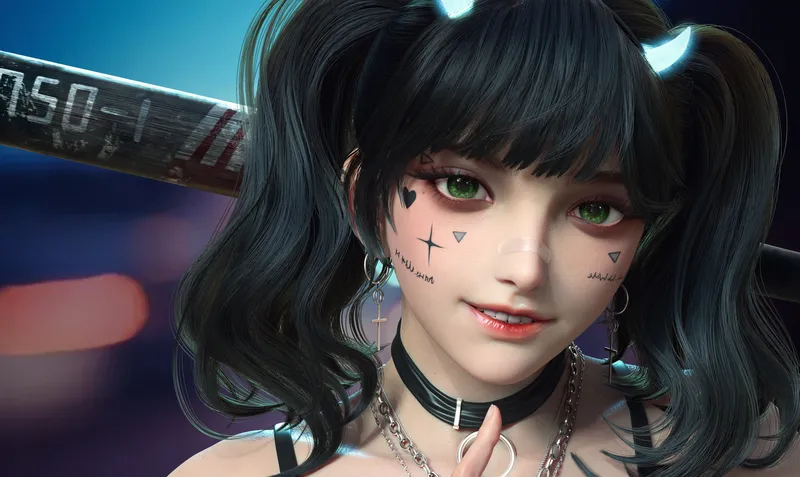 马尾辫绿色眼睛的卡通美女