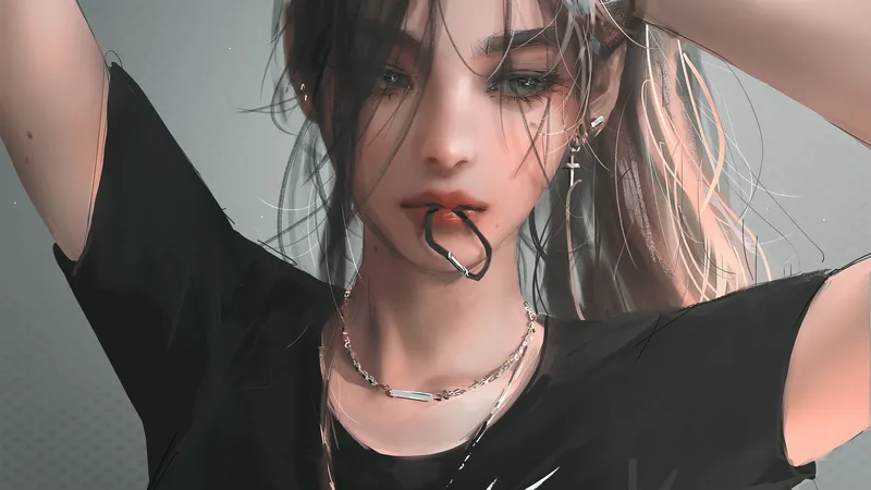 女孩唇咬皮筋绑头发 