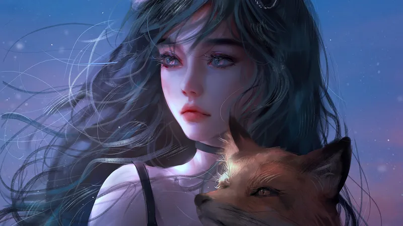 卡通长发 女孩抱着小狐狸