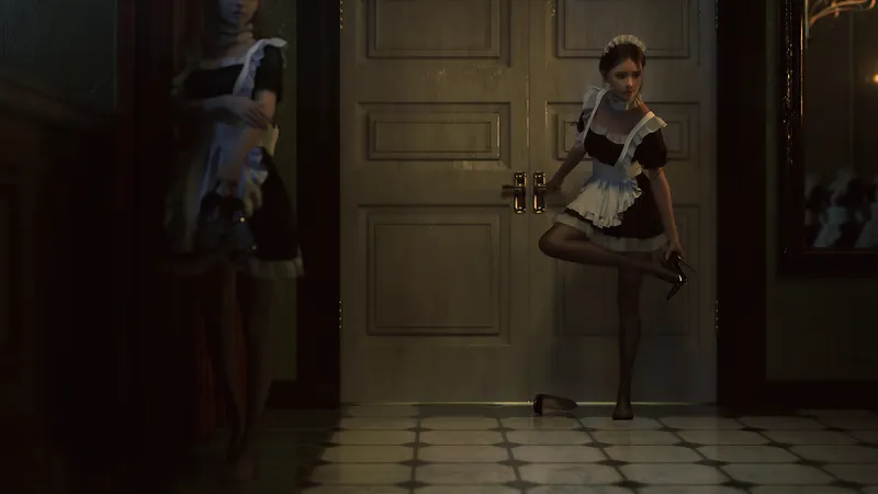 卡通女仆系列在门口穿鞋的女仆