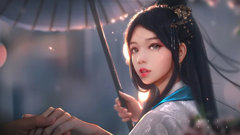 古风卡通美女打着纸扇