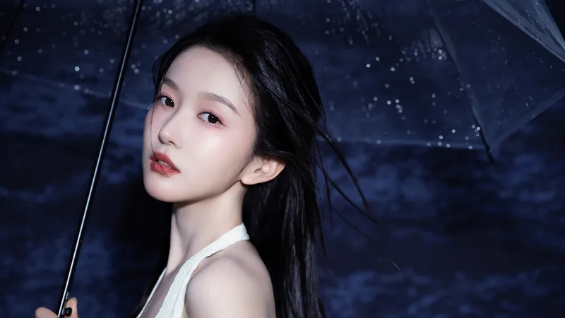 清秀的白衣美女撑着伞