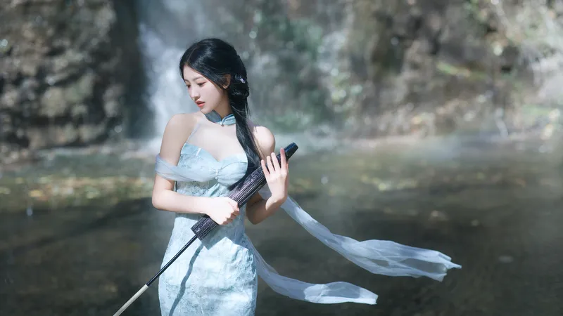 穿着飘带裙拿着雨伞的美女