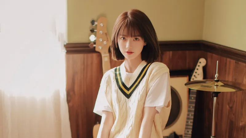 学生头发型的美女和乐器