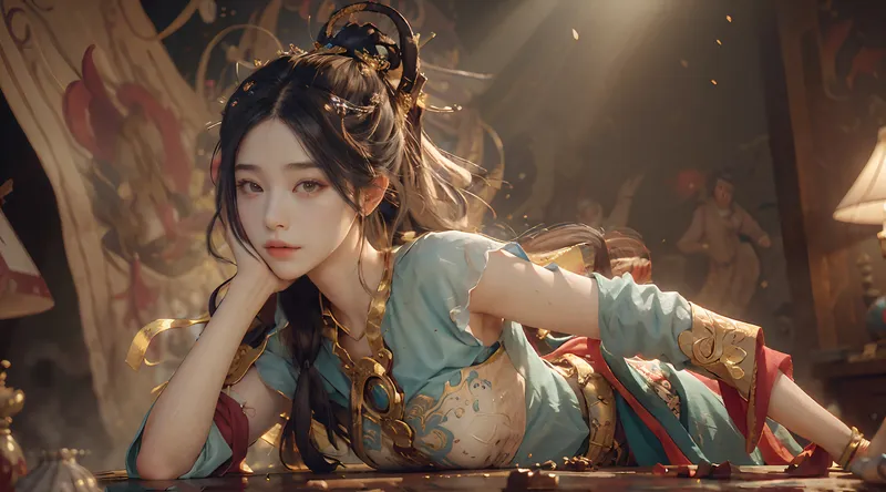 蓝色裙子趴在桌上的卡通美女