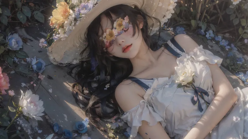 鲜花当眼罩的卡通美女