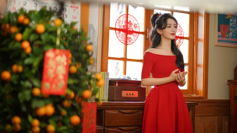 赵丽颖 新年中国红裙子喜庆窗花