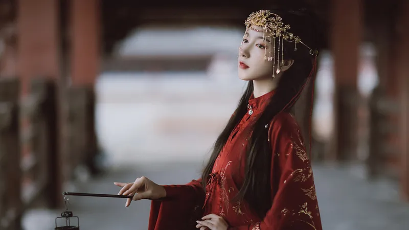 古装红色美女打手提灯笼