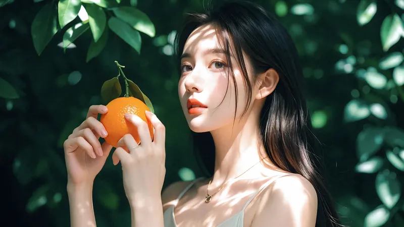橘子树下拿着橘子的 长发美女