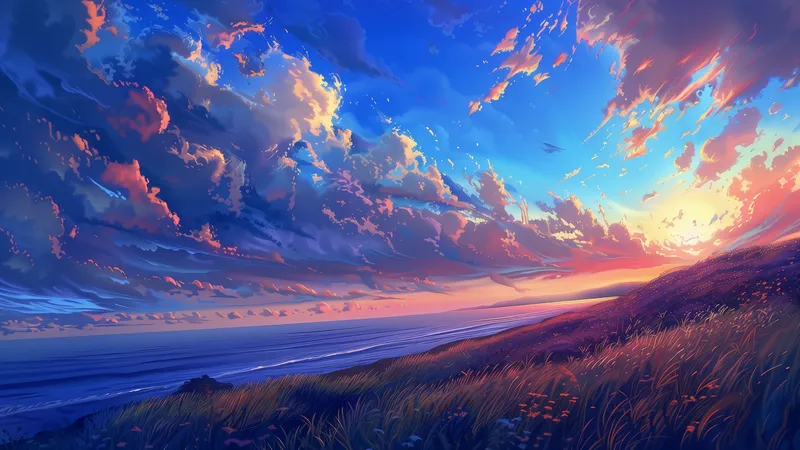 彩色的晚霞照耀在草坡上