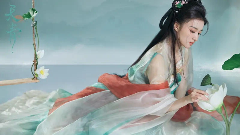 王楚然古装荷花池看荷花