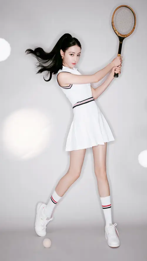 迪丽热巴 白色运动裙路长腿手拿网球拍