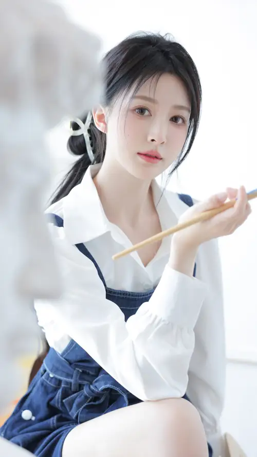 在房间画画的美女看着你