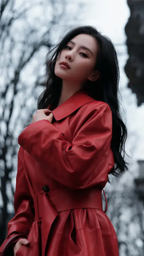 刘诗诗户外红色风衣全身照