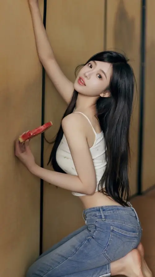 长发美女趴在墙上摆出性感姿势