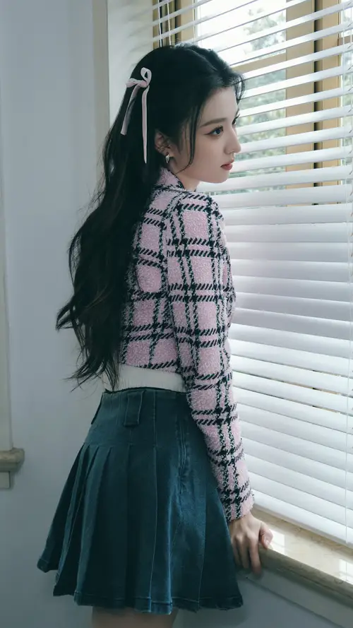 王楚然 格子衫加小黑裙站在窗台边