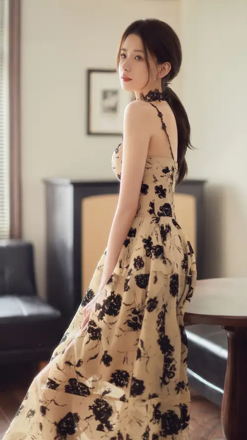 王秋紫黑花长裙侧面照