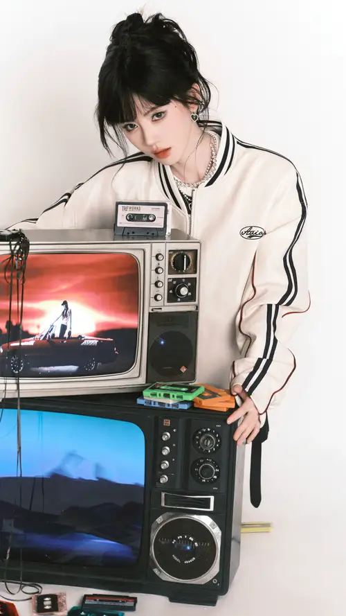鞠婧祎穿休闲衣站在复古电视机前面摆拍