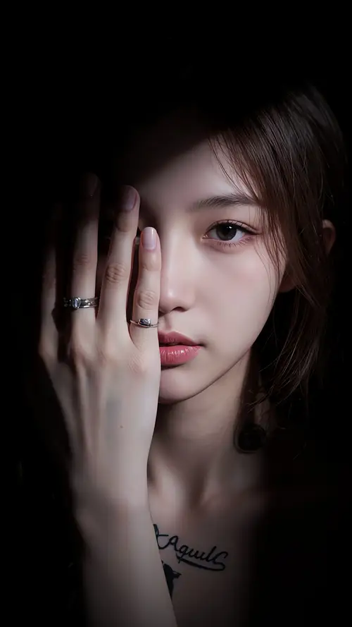 黑暗中的美女用手遮住右眼