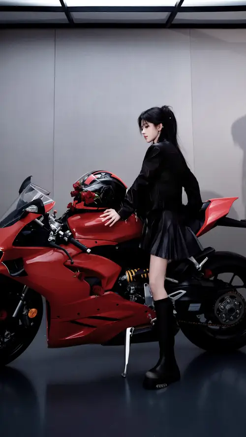 鞠婧祎拿着头盔站在红色摩托旁