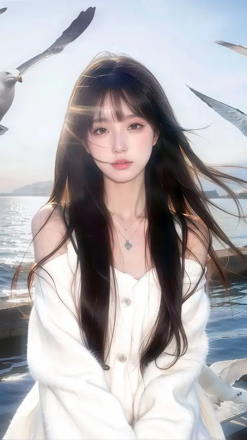 白衣路肩长发美女