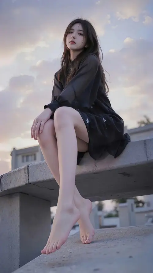 坐在石凳子上的黑衣美女