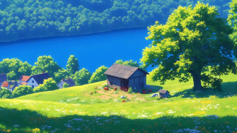 漫画河流 房子 小屋 树 草地