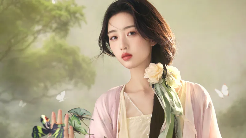 邓恩熙粉丝古装裙淡绿色背景