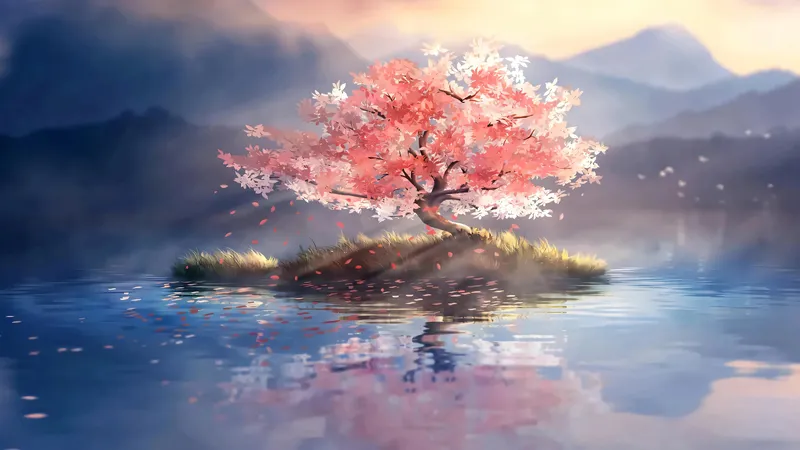 孤独的树湖中央一棵红叶树