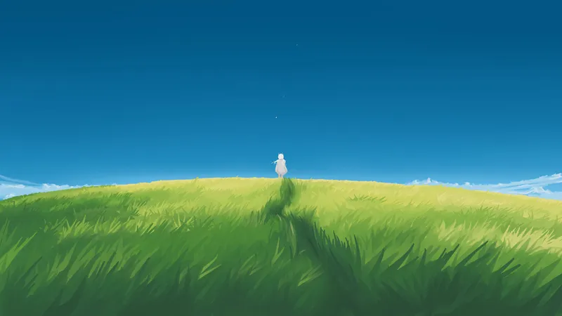 蓝天绿草地中站立着一个女孩